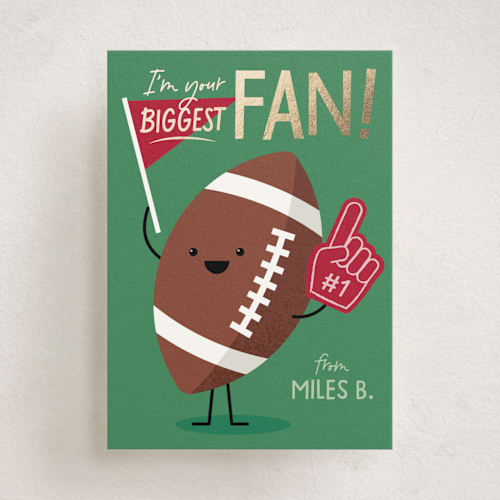 This is a crimson kids valentines day cards with foil pressed by Kacey Kendrick Wagner called football fan printing on signature in standard