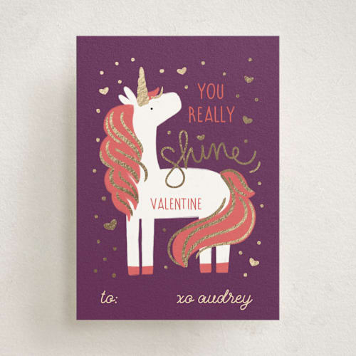 This is a tangerine kids valentines day cards with foil pressed by JeAnna Casper called unicorn shine printing on signature in standard