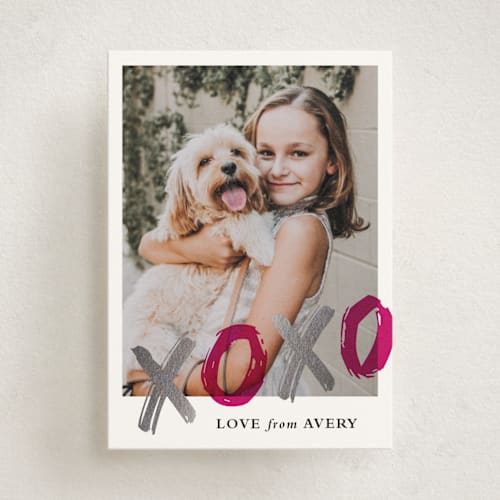 This is a raspberry kids valentines day cards with foil pressed by Stacey Meacham called sealed with a kiss printing on signature in standard