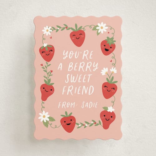 This is a peach kids valentines day cards with standard by Annie Holmquist called berry sweet printing on signature in standard
