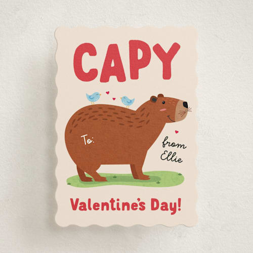 This is a cream kids valentines day cards with standard by Erica Krystek called capy valentine's day printing on signature in standard