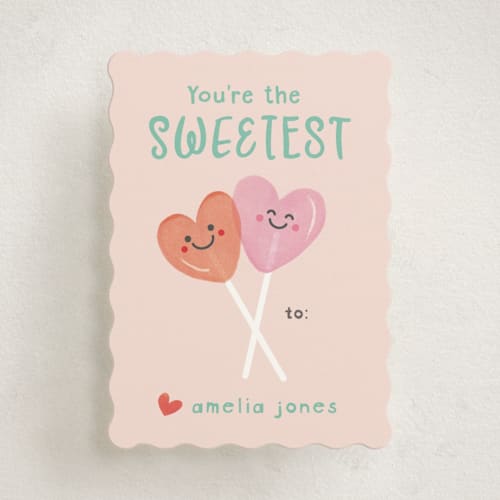 This is a bubblegum kids valentines day cards with standard by Creo Study called sweetest friend printing on signature in standard