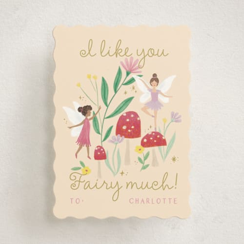 This is a cream kids valentines day cards with standard by Kiersten Garner called fairy valentines printing on signature in standard