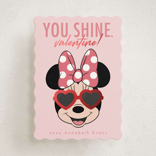 This is a bubblegum kids valentines day cards with foil pressed by Kacey Kendrick Wagner called shine bright disney minnie mouse printing on signature in standard