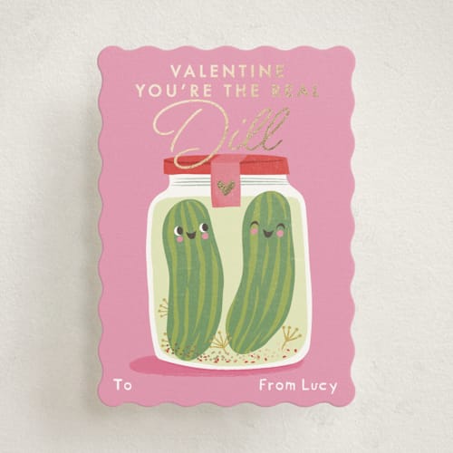 This is a candy kids valentines day cards with foil pressed by Karidy Walker called the real dill printing on signature in standard