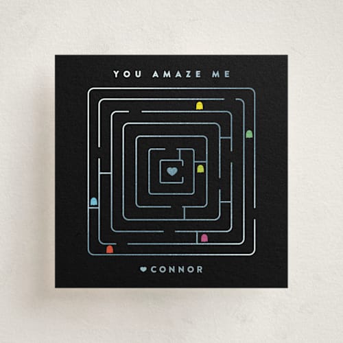 This is a ebony kids valentines day cards with foil pressed by Lori Wemple called retro maze printing on signature in standard