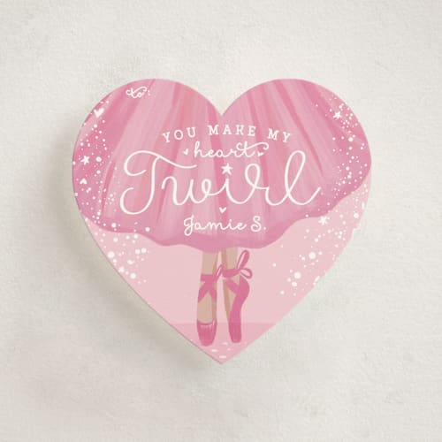 This is a blush kids valentines day cards with standard by Gina Grittner called heart twirl printing on signature in standard