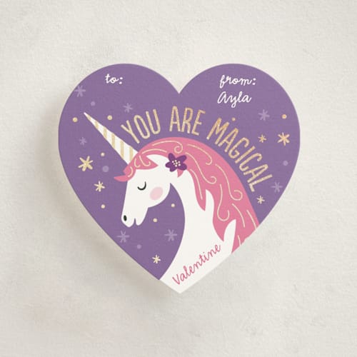 This is a lavender kids valentines day cards with foil pressed by Jana Volfova called magical valentine printing on signature in standard