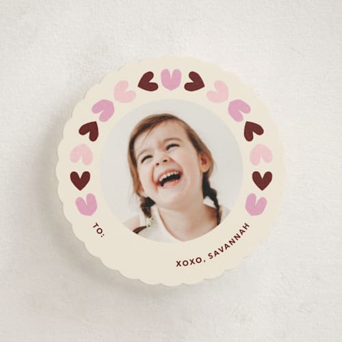 This is a cranberry kids valentines day cards with standard by Carrie Moradi called folksy paper hearts printing on signature in standard