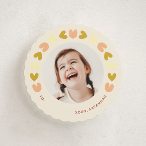 This is a apricot kids valentines day cards with standard by Carrie Moradi called folksy paper hearts printing on signature in standard
