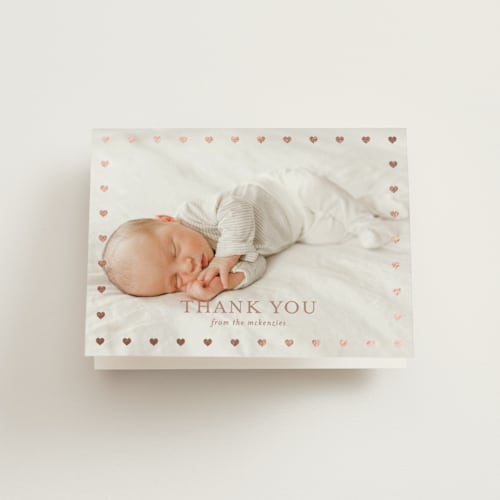 This is a rose baby thank you cards with foil pressed by Stacey Meacham called mini hearts frame printing on strathmore in standard
