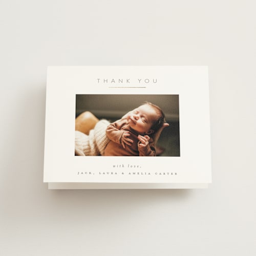 This is a clay baby thank you cards with foil pressed by Carolyn Nicks called simply sweet printing on strathmore in standard