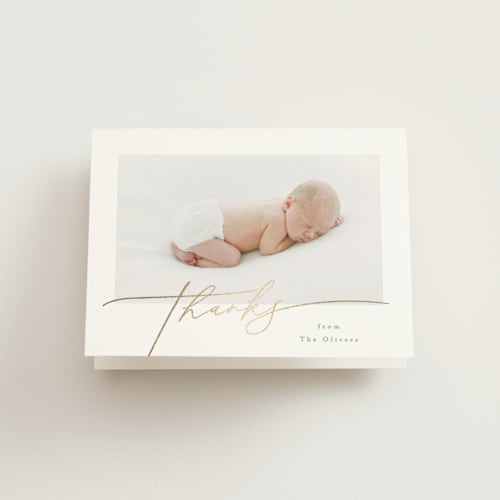This is a milk baby thank you cards with foil pressed by Carolyn MacLaren called charming welcome printing on strathmore in standard