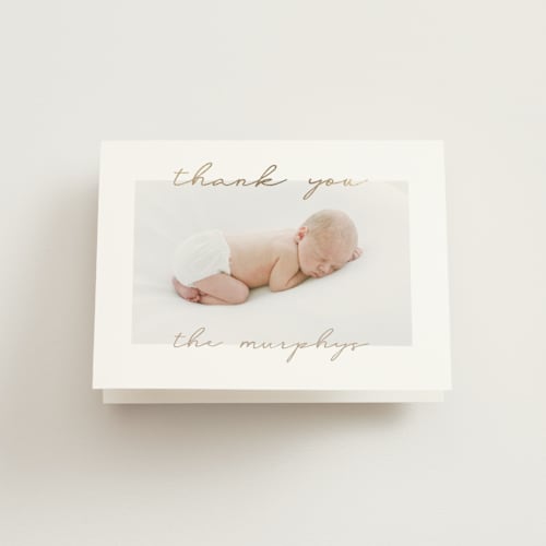 This is a powder baby thank you cards with foil pressed by Creo Study called border script printing on strathmore in standard