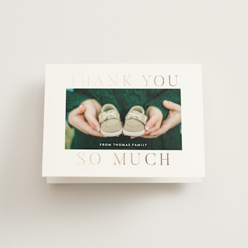This is a pearl baby thank you cards with foil pressed by Megan Davis called merriest occasion printing on strathmore in standard