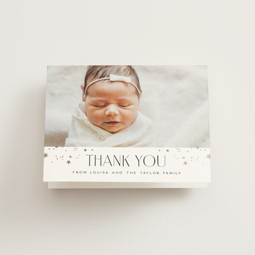 This is a pearl baby thank you cards with foil pressed by Alethea and Ruth called star slideshow printing on strathmore in standard