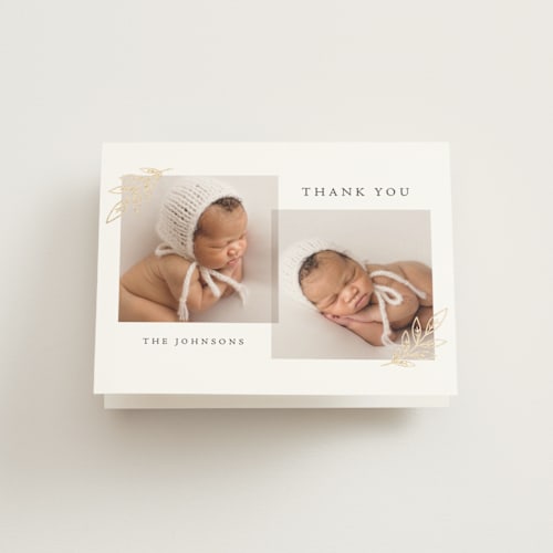This is a mocha baby thank you cards with foil pressed by Olivia Raufman called leaf duet printing on strathmore in standard
