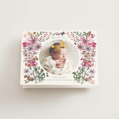 This is a rose baby thank you cards with foil pressed by Morgan Ramberg called blossom baby printing on strathmore in standard