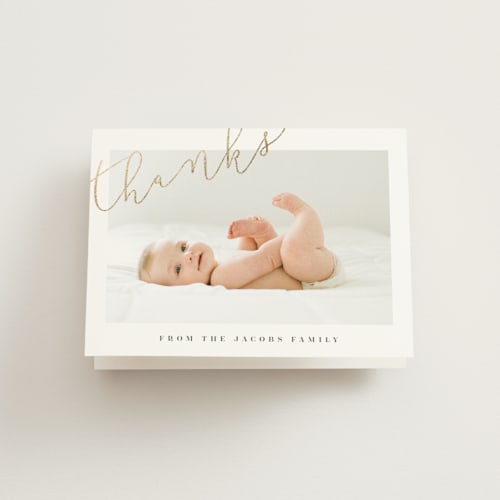 This is a warm grey baby thank you cards with foil pressed by Shirley Lin Schneider called angled hello printing on strathmore in standard