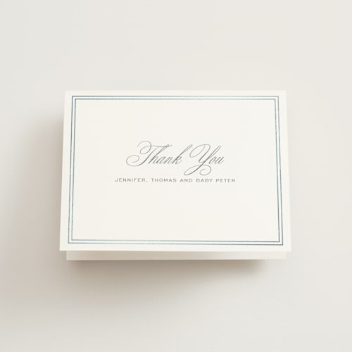 This is a cement baby thank you cards with foil pressed by Megan Davis called scholarly charm printing on strathmore in standard