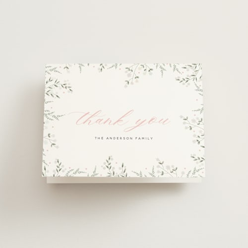 This is a blush baby thank you cards with gloss press by Susan Moyal called baby florals printing on strathmore in standard