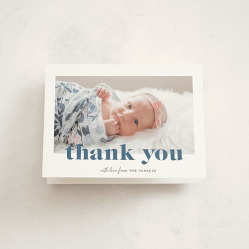 This is a bluebird baby thank you cards with standard by Shirley Lin Schneider called bold nickname printing on strathmore in standard