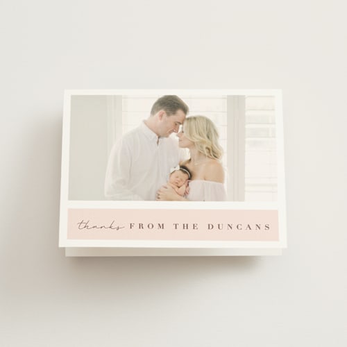 This is a blush baby thank you cards with standard by Maria Alou called family album printing on strathmore in standard