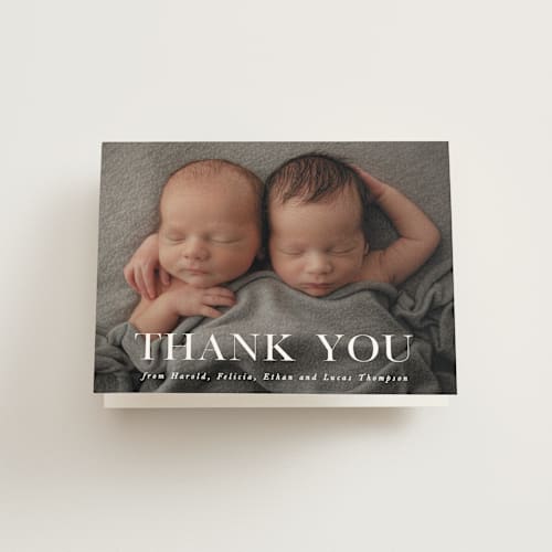 This is a baby powder baby thank you cards with standard by Hooray Creative called double take printing on strathmore in standard