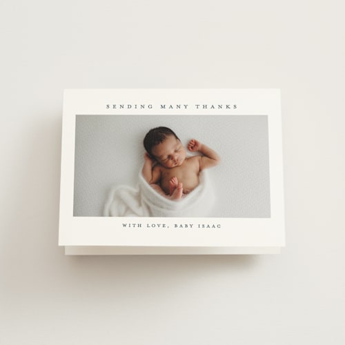 This is a navy baby thank you cards with standard by Jennifer Postorino called minimalist printing on strathmore in standard