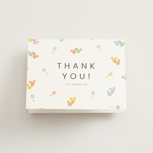 This is a candy baby thank you cards with standard by Ellen Schlegelmilch called disney's mickey confetti printing on strathmore in standard
