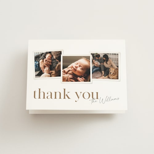This is a linen baby thank you cards with standard by Robert and Stella called little snaps printing on strathmore in standard