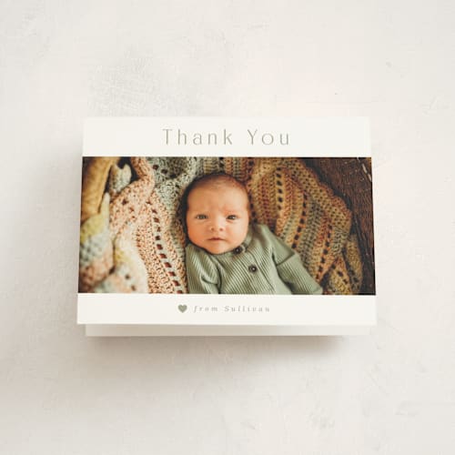 This is a sage baby thank you cards with standard by Hudson meet Rose called welcome home printing on strathmore in standard