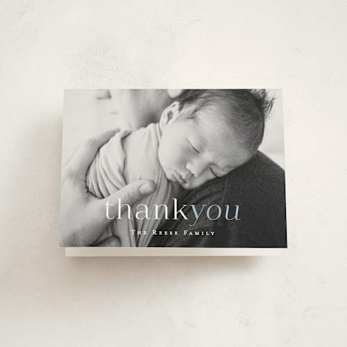 This is a sky blue baby thank you cards with standard by Hooray Creative called meet charley printing on strathmore in standard