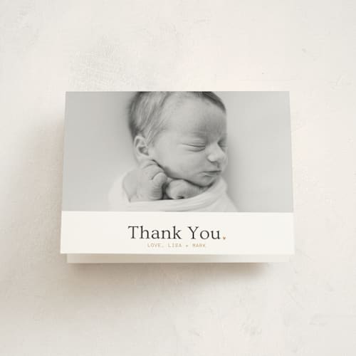 This is a snow baby thank you cards with standard by Bramble Studio called simple in serif printing on strathmore in standard