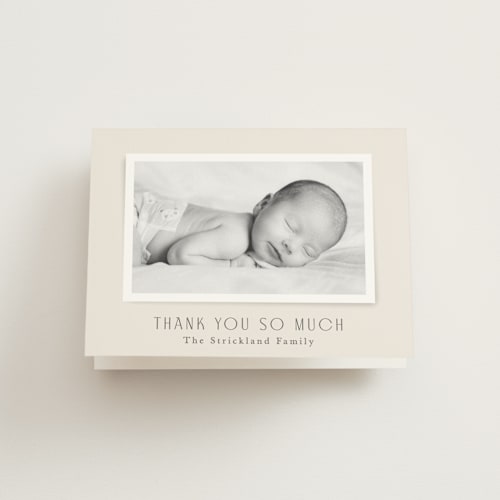 This is a cream baby thank you cards with standard by Hooray Creative called classical printing on strathmore in standard