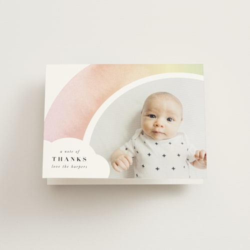 This is a rainbow baby thank you cards with standard by Lori Wemple called pretty rainbow printing on strathmore in standard