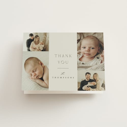 This is a boho neutral baby thank you cards with standard by Ana Sharpe called photo stack printing on strathmore in standard