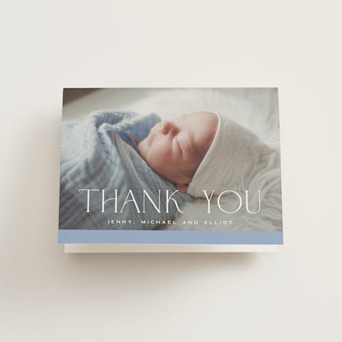 This is a periwinkle baby thank you cards with standard by Jessica Corliss called announcing elegance printing on strathmore in standard