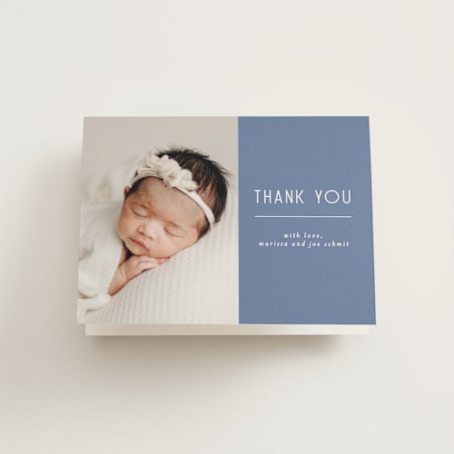 This is a denim baby thank you cards with standard by Lisa Assenmacher called sweetly modern printing on strathmore in standard