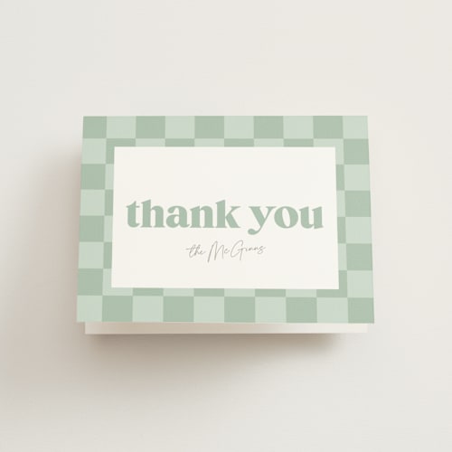 This is a mint baby thank you cards with standard by Robert and Stella called clarke printing on strathmore in standard