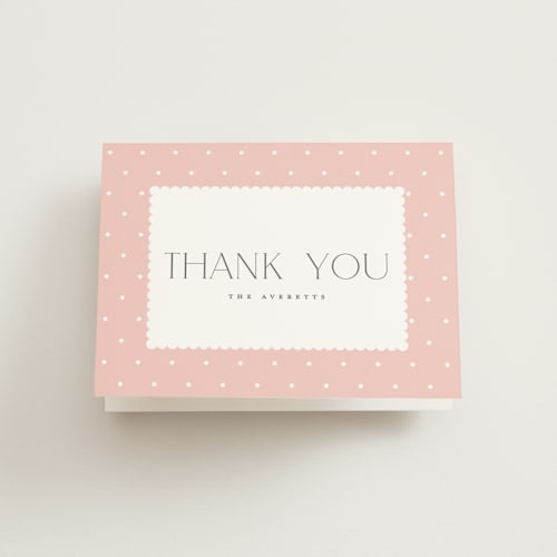 This is a rose baby thank you cards with standard by Robert and Stella called sweet scallop printing on strathmore in standard