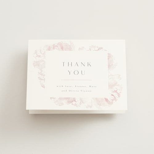 This is a peony baby thank you cards with standard by Kristie Kern called sunwashed printing on strathmore in standard