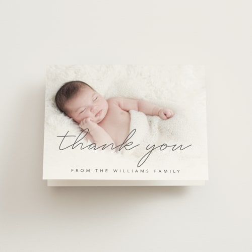 This is a graphite baby thank you cards with standard by Megan Cash called marlow printing on strathmore in standard