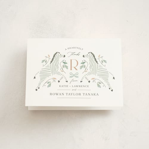 This is a seafoam baby thank you cards with standard by Griffinbell Paper Co. called hearts and stripes printing on strathmore in standard