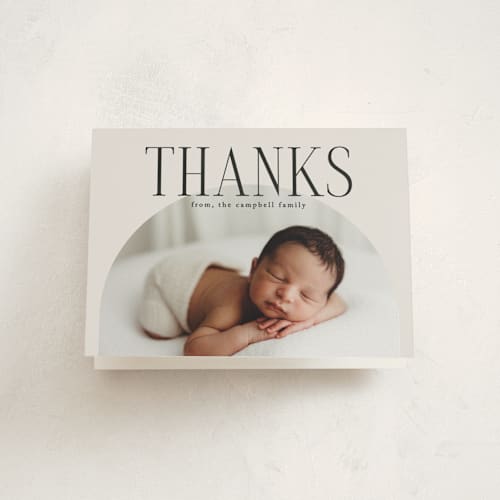 This is a cream baby thank you cards with standard by Brianne Larsen called round printing on strathmore in standard