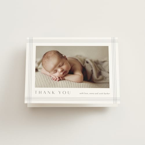 This is a cement baby thank you cards with standard by Stacey Meacham called soft plaid printing on strathmore in standard