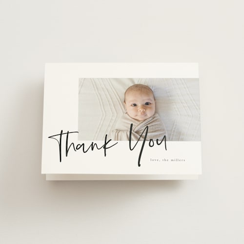 This is a blackboard baby thank you cards with standard by Amy Payne called clean lines printing on strathmore in standard