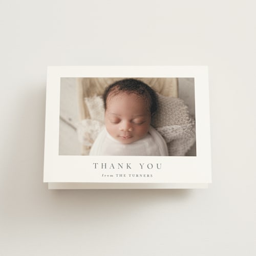 This is a stone baby thank you cards with standard by Carolyn MacLaren called welcome with joy printing on strathmore in standard