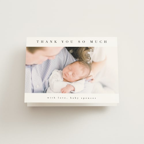 This is a white linen baby thank you cards with standard by Erica Krystek called sweet simplicity printing on strathmore in standard