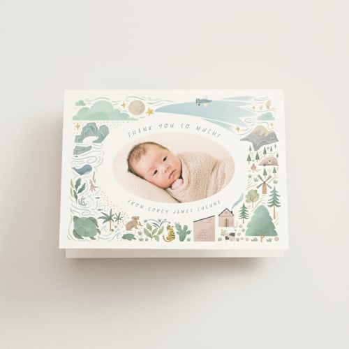 This is a blue jay baby thank you cards with standard by Grae called a wonderful world printing on strathmore in standard